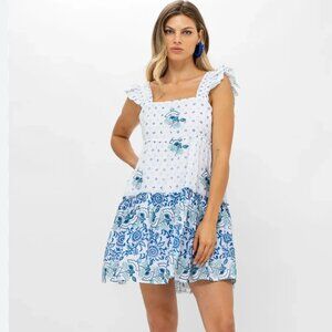 Oliphant Corfu Blue Smocked Square Neck Mini Dress NEW WITH TAGS LARGE